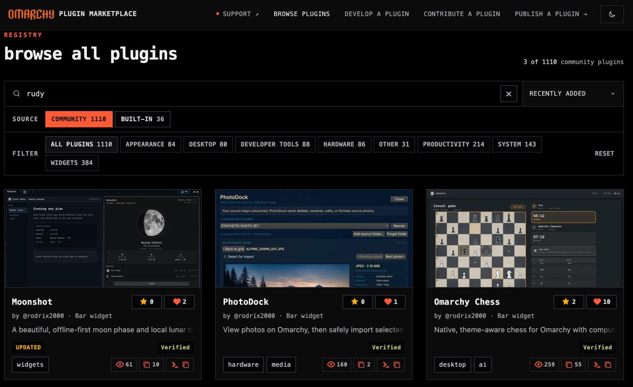 Moonshot, PhotoDock, and Omarchy Chess listed together in the Omarchy Plugin Marketplace