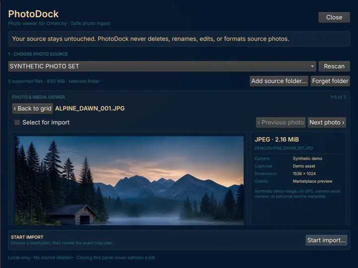 PhotoDock photo import plugin running in Omarchy
