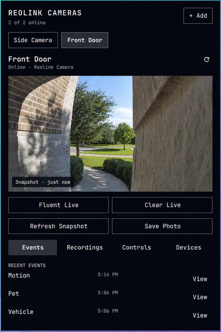 Reolink Cameras plugin showing a local camera snapshot and recent events in Omarchy